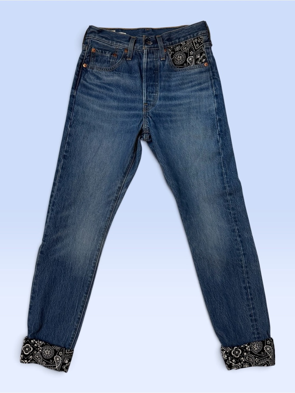Levi’s 501 Skinny W24 L30 Chill Pill Blue Jeans Custom Bandana Cuffs Paisley